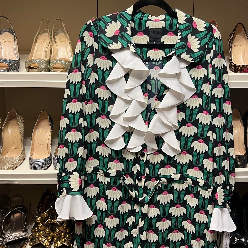 Anna Sui Green and White Floral Dress